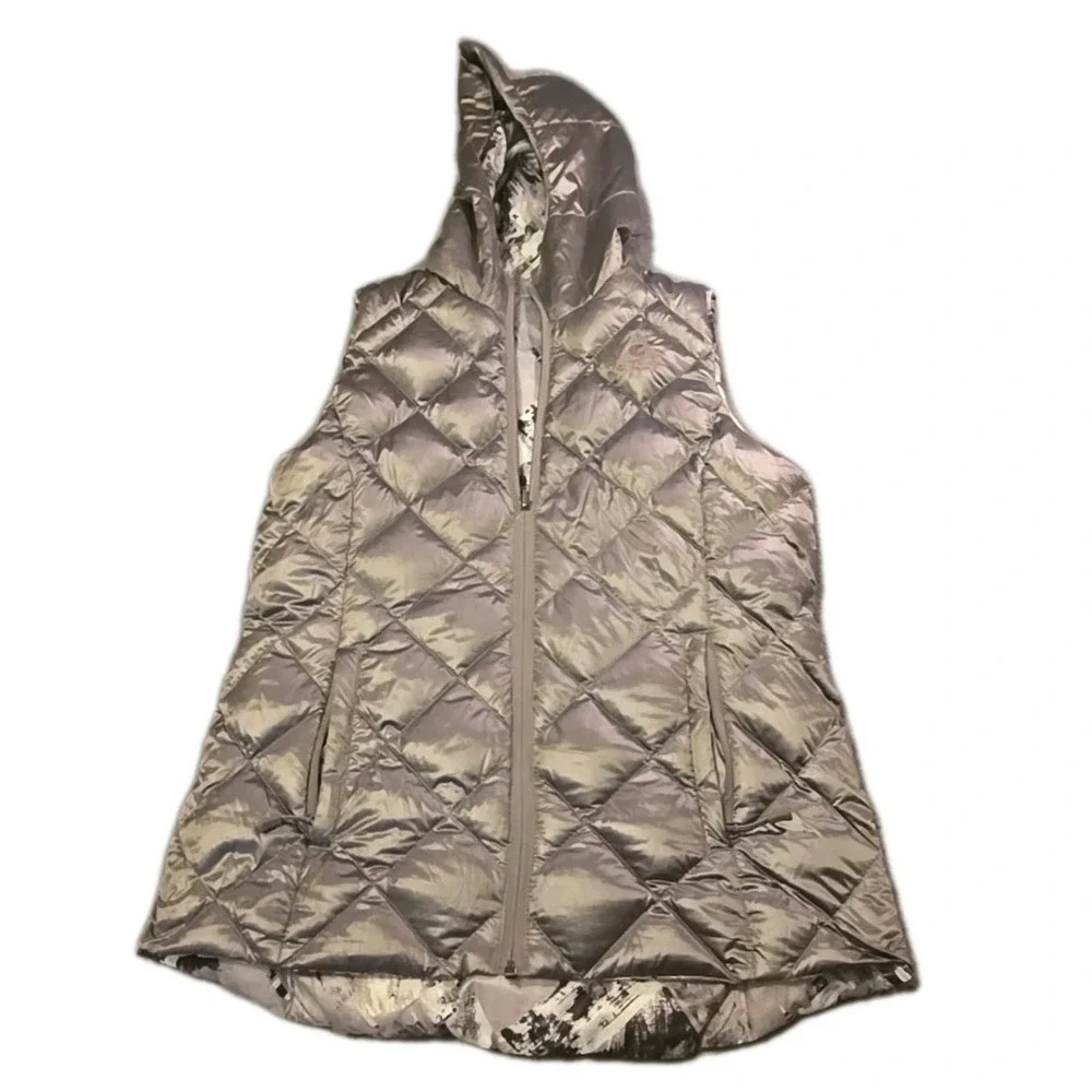 GERRY Reversible Puffer Vest Women's Large L Gray Black Abstract Hooded Packable